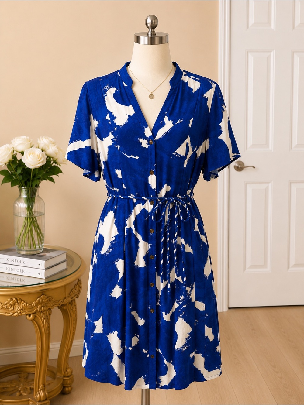 Nine West Royal Blue & White Button-Front Tie-Waist Mini Dress